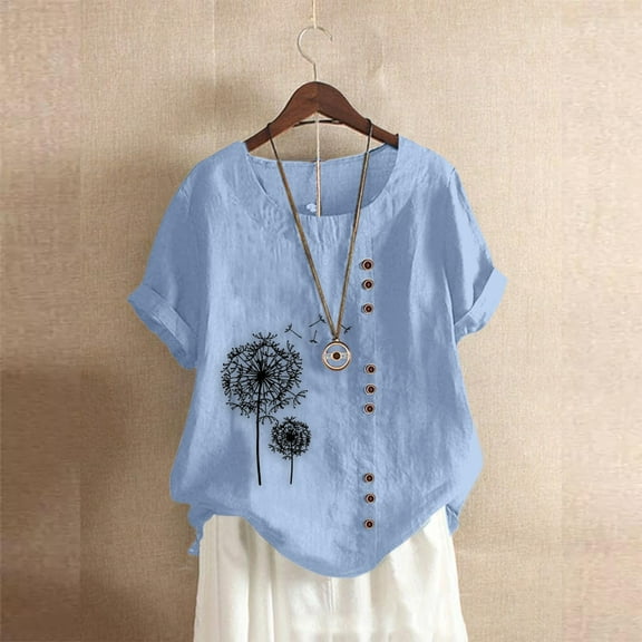 Oversized Tshirts for Women, Cotton Linen Boho Floral Short Sleeve Oversized Blouse, Blue S