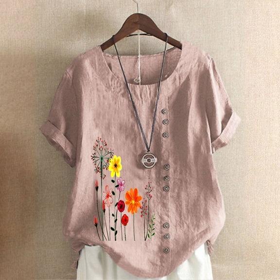 Oversized Tshirts for Women, Cotton Linen Crewneck Roll Up Floral Print Casual Blouse Top, Pink XXL