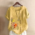 thumbnail image 1 of Oversized Tshirts for Women, Cotton Linen Crewneck Roll Up Floral Print Casual Blouse Top, Yellow 4XL, 1 of 5