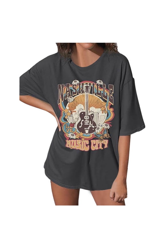 Oversized Tshirts for Women Country Music Concert Graphic Printed Crewneck Short Sleeve Tops Rock Band Fan Tees