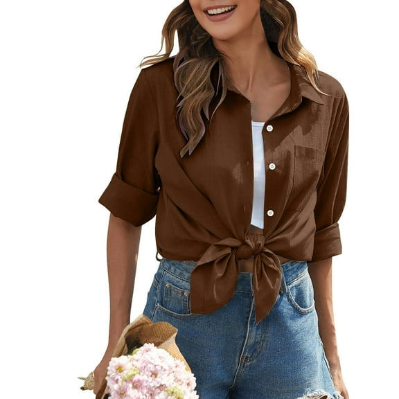 Oversized Tshirts for Women, Daily Casual Linen Button Down Long Sleeve Shirt, Brown M