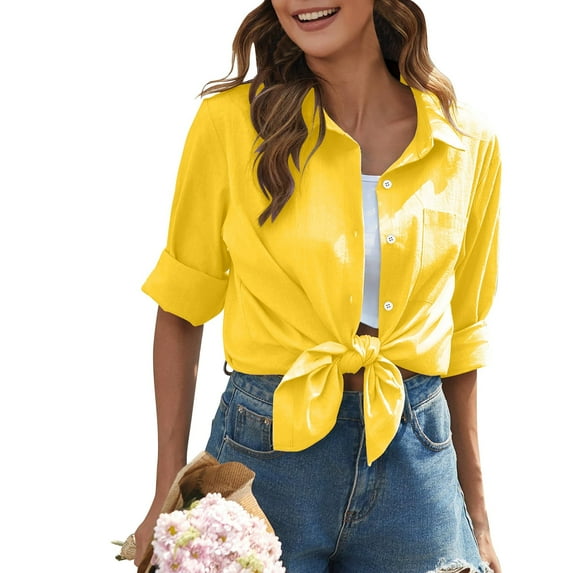 Oversized Tshirts for Women, Daily Casual Linen Button Down Long Sleeve Shirt, Yellow 5XL