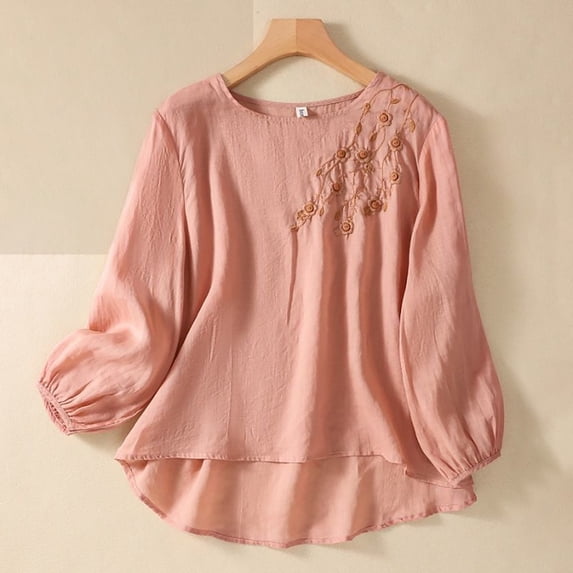 Oversized Tshirts for Women, Fashion Casual Solid Color Embroidered Cotton Linen Tops, Pink M
