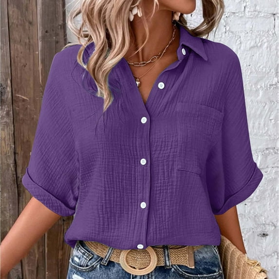 Oversized Tshirts for Women, Fashion Casual Solid Color Single Pocket Slit Mid Sleeve Shirt, Purple S