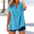 thumbnail image 1 of Oversized Tshirts for Women, Fashion Casual V Neck Short Sleeve Cotton Linen T Shirt, Blue XL, 1 of 5