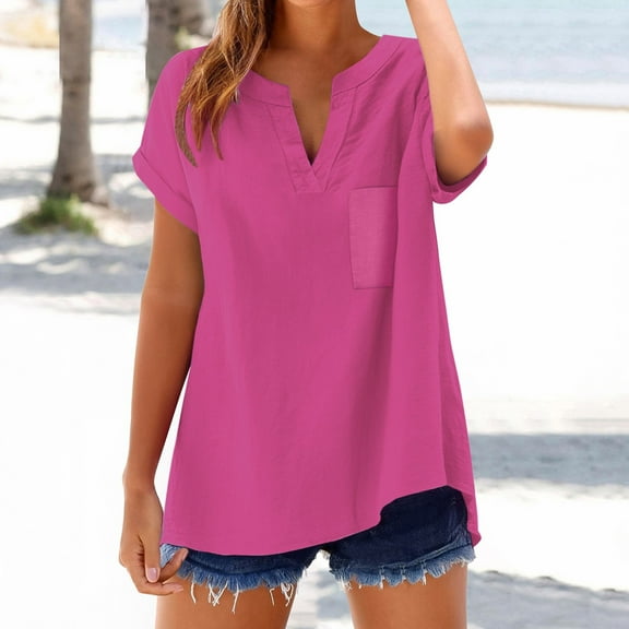 Oversized Tshirts for Women, Fashion Casual V Neck Short Sleeve Cotton Linen T Shirt, Pink 4XL
