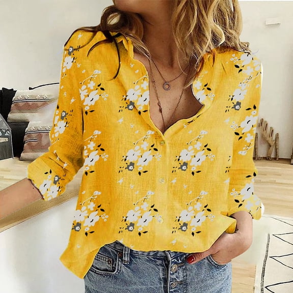 Oversized Tshirts for Women, Fashion Loose Solid Lapel Long Sleeves Blouse Tops, Yellow S