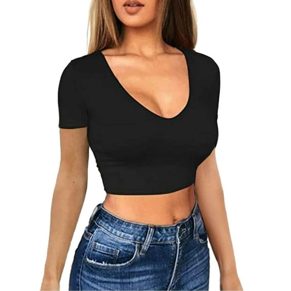 Oversized Tshirts for Women Fashion Solid Hot Showing Navel Square Neck Slim Fit Refreshing Breathable Resistant Daily Black T-Shirts Sizes M
