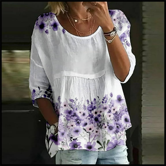 Oversized Tshirts for Women, Floral Print 3/4 Sleeved Round Neck Loose Large Size T Shirt, Purple 3XL