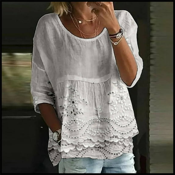 Oversized Tshirts for Women, Floral Print 3/4 Sleeves Round Neck Loose T Shirt, White L
