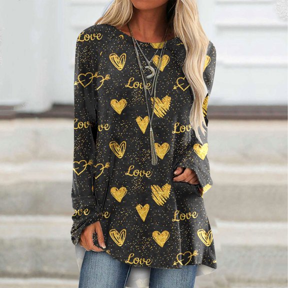 Oversized Tshirts for Women Heart Print Fashion Loose Fit Crew Neck Long Sleeve T Shirt Casual Comfy Soft Basic Tee Vacation Clothes Yellow XL