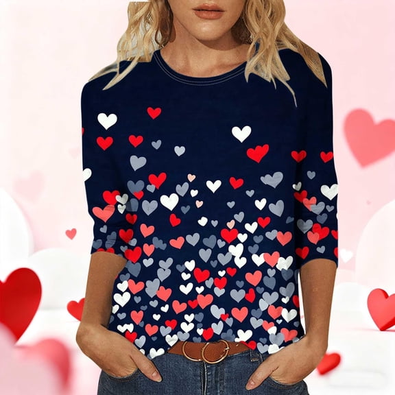 Oversized Tshirts for Women Heart Print Loose Crew Neck Long Sleeve T Shirt Dressy Casual Trendy Blouse Comfy Soft Blouses Pullover Outfits Navy M