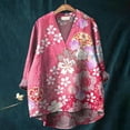 thumbnail image 1 of Oversized Tshirts for Women, Japanese Traditional Geometric Pattern V Neck Cotton Linen Blouse, Pink XXL, 1 of 4