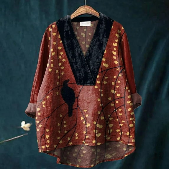 Oversized Tshirts for Women, Japanese Traditional Geometric Pattern V Neck Cotton Linen Blouse, Red XXL