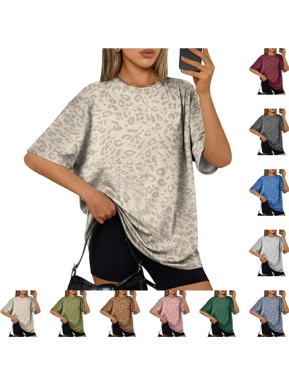 Oversized Tshirts for Women Leopard Y2k Loose Fit Casual Tee Tops Cheetah Print Trendy Summer Tee Shirts Beige L