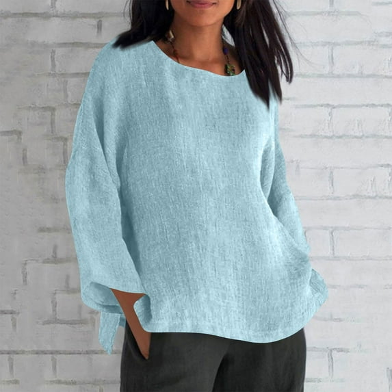 Oversized Tshirts for Women, Linen Long Sleeve Casual Loose T Shirt Top, Blue 3XL