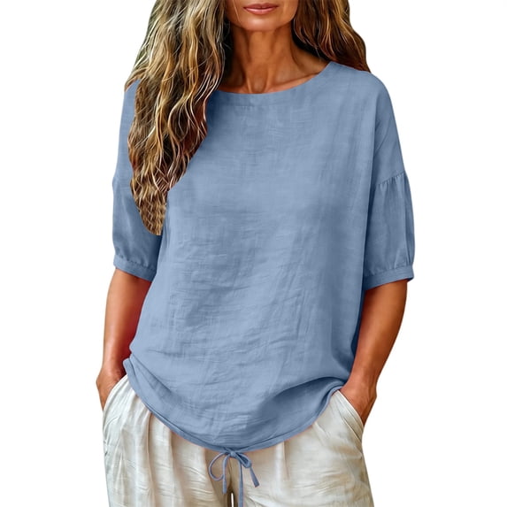 Oversized Tshirts for Women Linen Plus Size Summer Gauzy Shirts 3/4 Sleeve Round Neck Blouses Casual Loose Clothes Blue Summer Tops for Women
