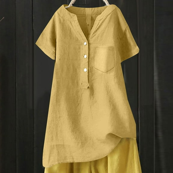 Oversized Tshirts for Women, Linen V Neck Button Down Short Sleeve Beach Blouse, Yellow 4XL