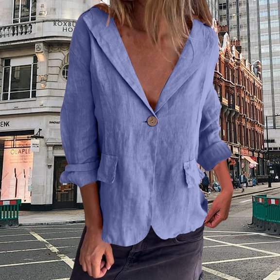 Oversized Tshirts for Women, Literary Loose Solid Color Button Suit Collar Blouse, Blue 5XL