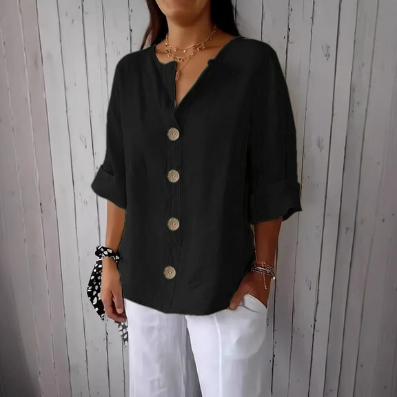 Oversized Tshirts for Women, Long Sleeve 3/4 Sleeve Cotton Linen Button Down V Neck Casual Blouse, Black 3XL