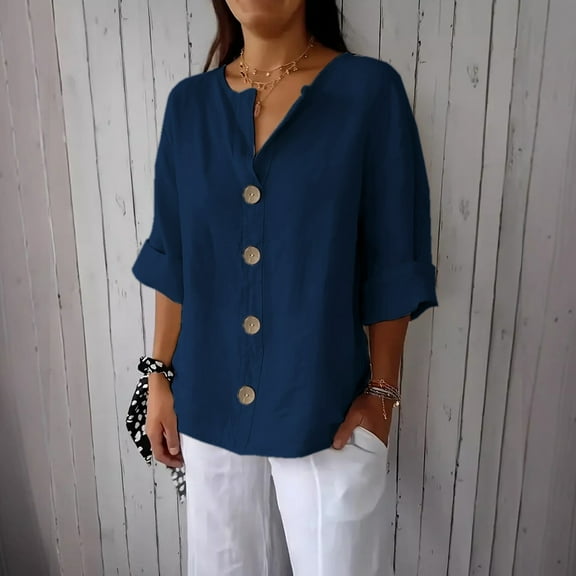 Oversized Tshirts for Women, Long Sleeve 3/4 Sleeve Cotton Linen Button Down V Neck Casual Blouse, Blue XXL