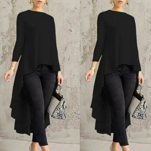 Oversized Tshirts for Women, Long Sleeve Asymmetrical Waterfall Shirt Tops, Black 4XL