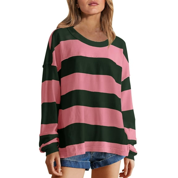 Oversized Tshirts for Women Long Sleeve Crewneck Striped Tops Casual Loose Tunic Top Fashion Dressy Tee Blouse
