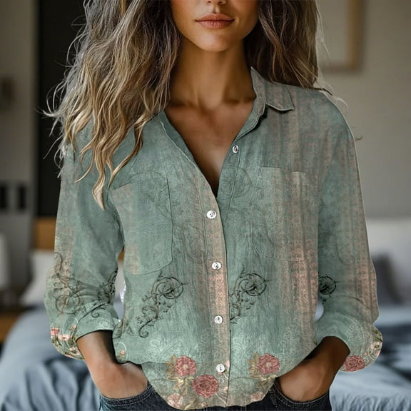 Oversized Tshirts for Women, Long Sleeved Printed Button Down Shirt Top, Green M