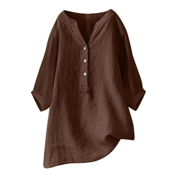 Oversized Tshirts for Women, Loose Button Shirt Stand Up Collar Solid Color 7 Sleeve Neck Casual Women's T Shirt Brown XL
