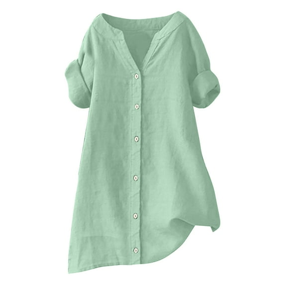 Oversized Tshirts for Women, Loose Button Shirt Top Stand Solid Color Medium Sleeve Collar Casual Shirt, Green L