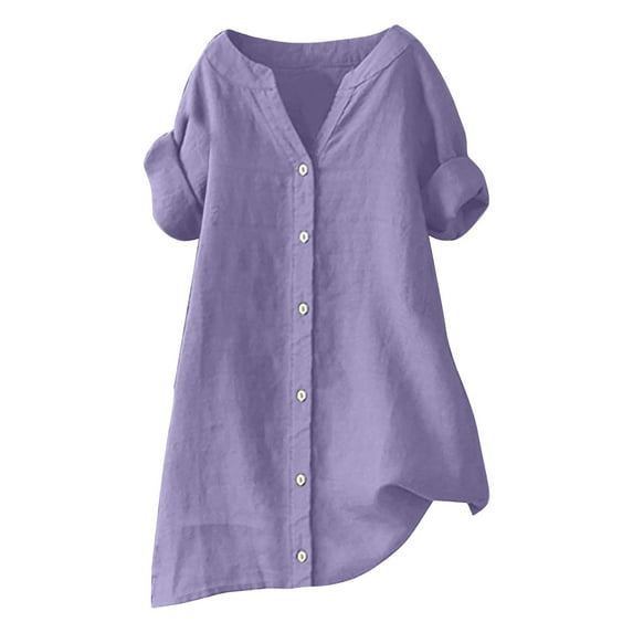 Oversized Tshirts for Women, Loose Button Shirt Top Stand Solid Color Medium Sleeve Collar Casual Shirt, Purple XL