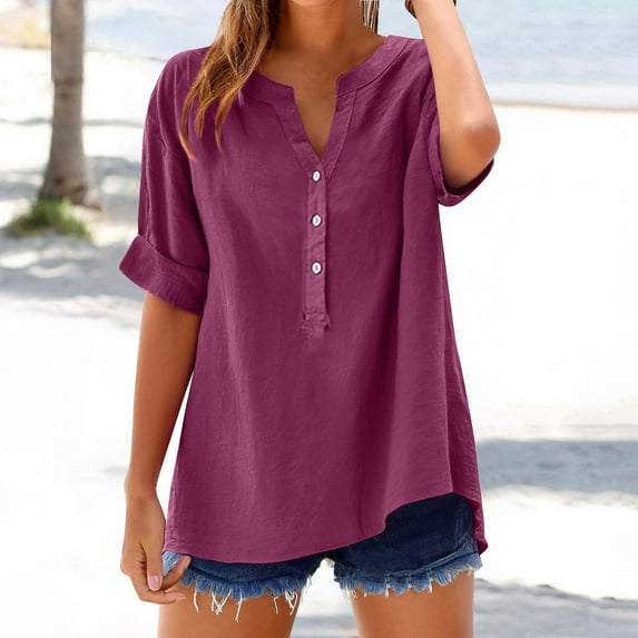 Oversized Tshirts for Women, Loose Button Shirt Top Stand Solid Color Sleeve Collar Casual Shirt, Red 3XL