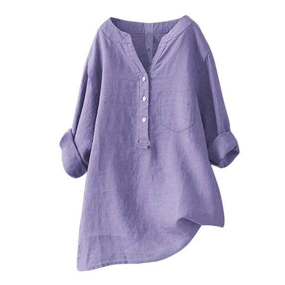 Oversized Tshirts for Women, Loose Button Stand Collar Solid Color Long Sleeve Blouse, Purple S