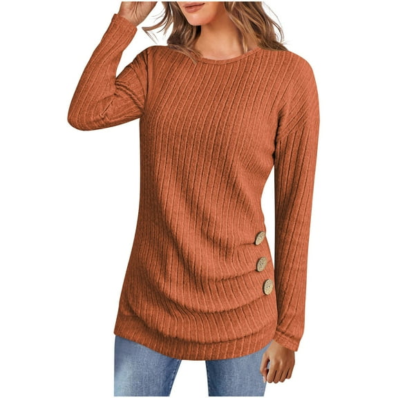 Oversized Tshirts for Women New Women Long Sleeve Tunic Tops Crewneck Ribbed Knit Buttons Shirts Fall Casual Lightweight Sweaters Orange XXL