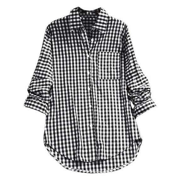Oversized Tshirts for Women, Plaid Lapel Long Sleeve Vintage Shirt Top, Black 5XL