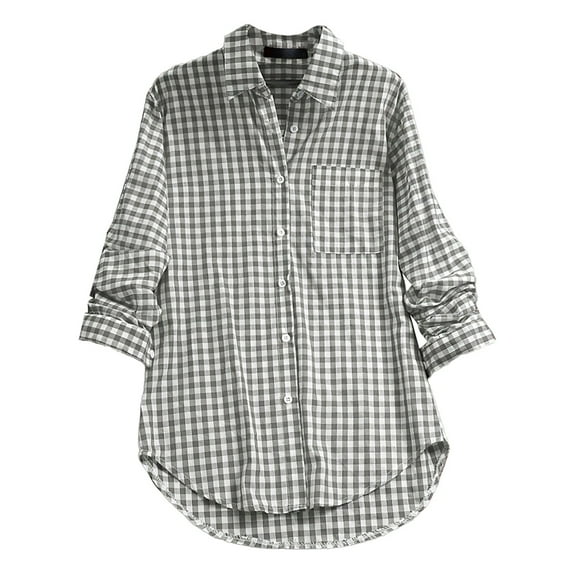Oversized Tshirts for Women, Plaid Lapel Long Sleeve Vintage Shirt Top, Gray XL