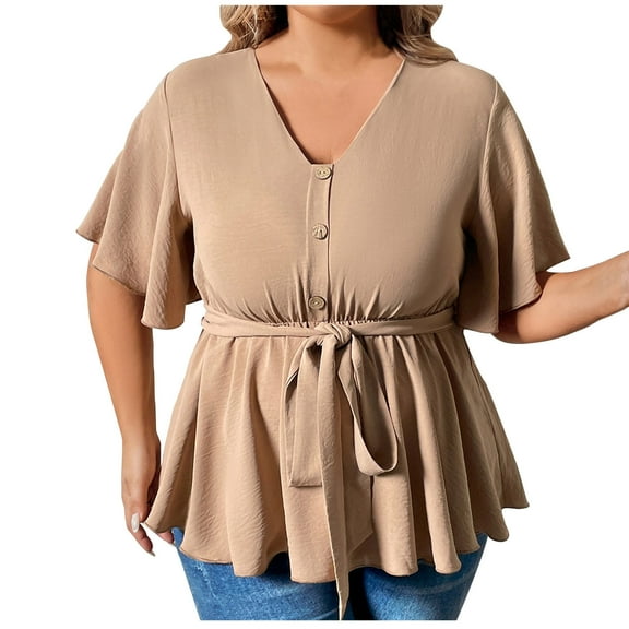Oversized Tshirts for Women Plus Size Casual Short Flutter Sleeve Button V-Neck Peplum Tops Trendy Loose Solid Color Babydoll Blouses with Belt Beige