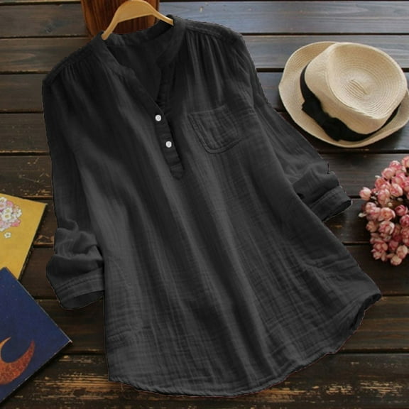 Oversized Tshirts for Women, Pocket Solid Color V Neck Cotton Long Sleeved Loose Casual Shirt, Black 3XL