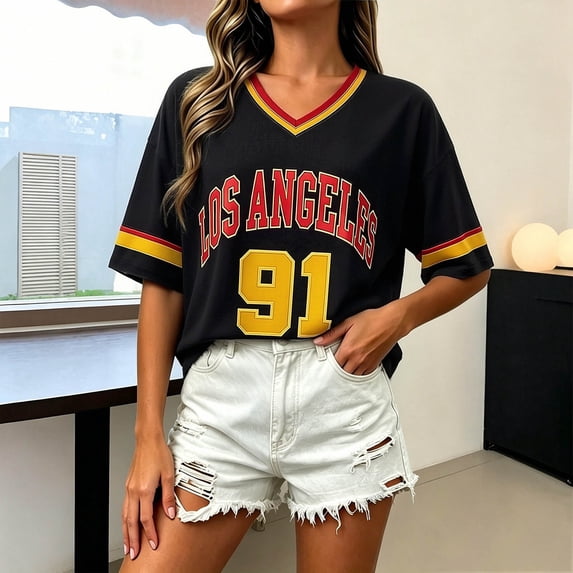 Oversized Tshirts for Women Print V Neck Short Sleeve Summer Basic Casual Everyday Wear Loose Tops Size S-5XL