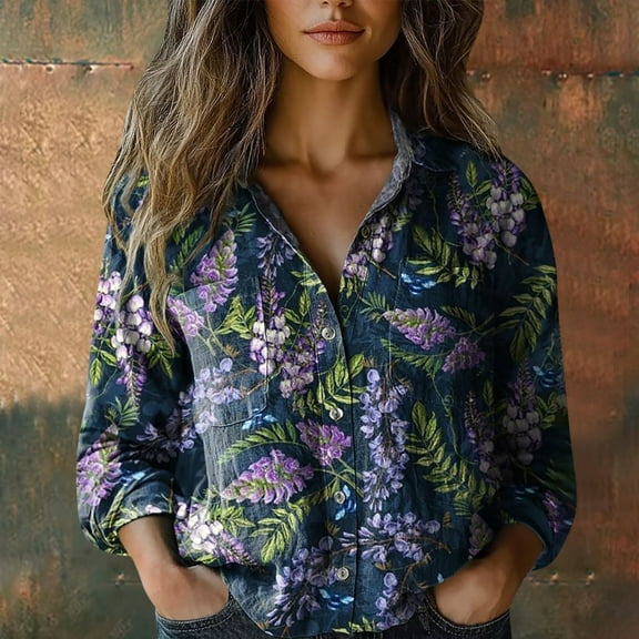 Oversized Tshirts for Women, Printed Fashion Button Down Long Sleeve Blouse, Blue 4XL