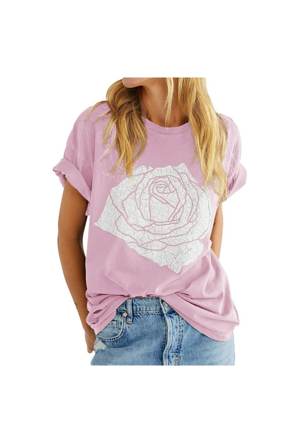 Oversized Tshirts for Women Rose Graphic Loose Fit Summer Short Sleeve Boyfriend Casual Crew Neck Tees Womens Tops Pink XL