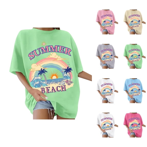 Oversized Tshirts for Women Short Sleeve Crewneck Tee Summer Casual Womens Graphic T Shirts Beach Tops