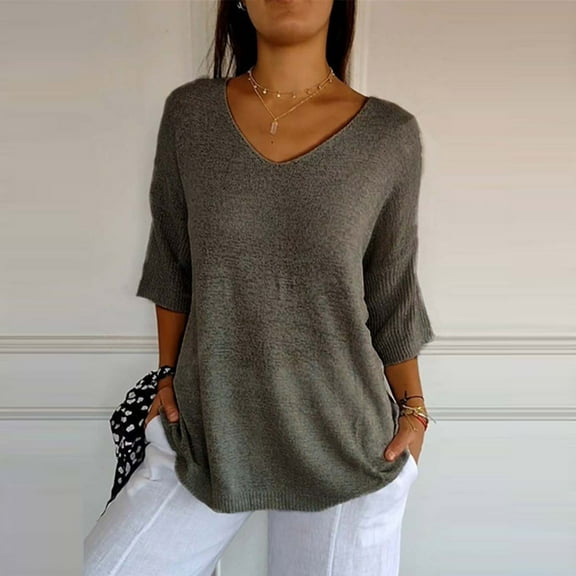 Oversized Tshirts for Women, Short Sleeve V Neck Pullover Knit Blouses, Gray 3XL