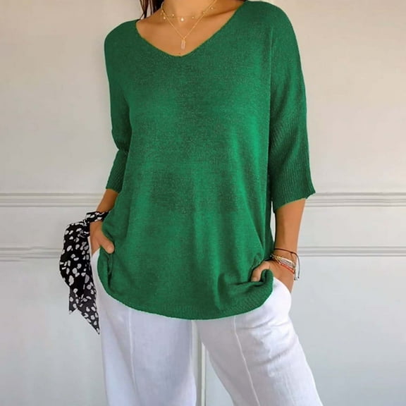 Oversized Tshirts for Women, Short Sleeve V Neck Pullover Knit Blouses, Green 3XL