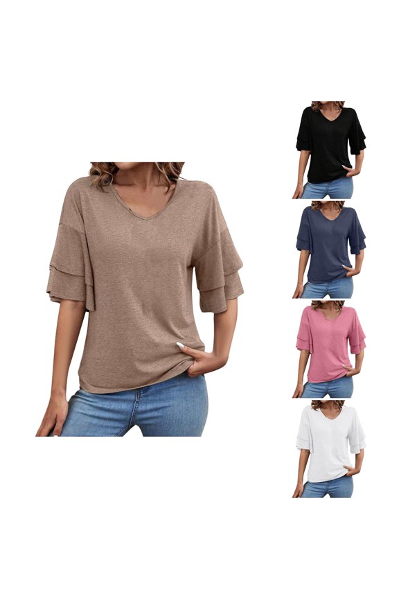 Oversized Tshirts for Women Solid Color V Neck Double Layer Flutter Sleeve Tops Summer Casual Loose Fit Comfort Tees Wear