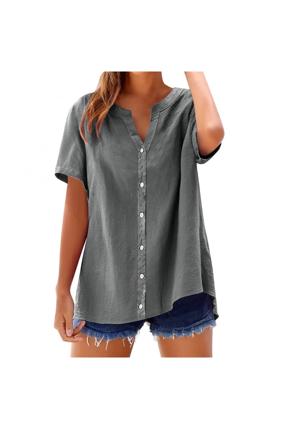 Oversized Tshirts for Women, Spring Summer Cotton V Neck Mid Sleeve T Shirt, Gray M