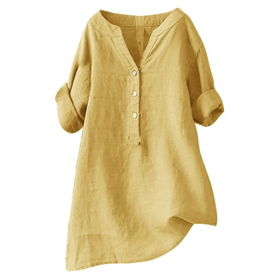 Oversized Tshirts for Women, Stand Collar Solid Color Medium Sleeve Loose Button Shirt, Yellow L
