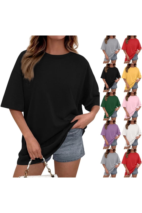 Oversized Tshirts for Women Summer Casual Short Sleeve Crew Neck Loose Fit Basic Tee Tops, #01 Black, S