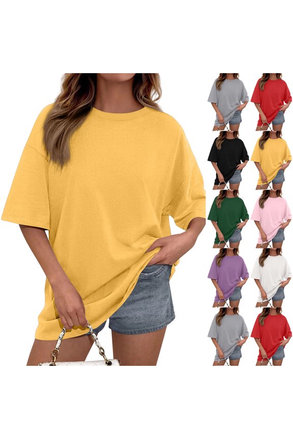 Oversized Tshirts for Women Summer Casual Short Sleeve Crew Neck Loose Fit Basic Tee Tops, #01 Yellow, L