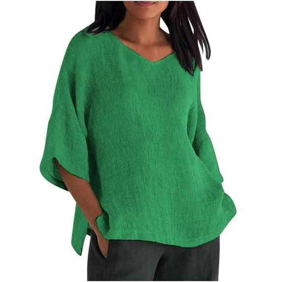 Oversized Tshirts for Women, Summer Seven Quarter Sleeve V Neck Solid Color Loose Cotton Linen T Shirt, Green XL